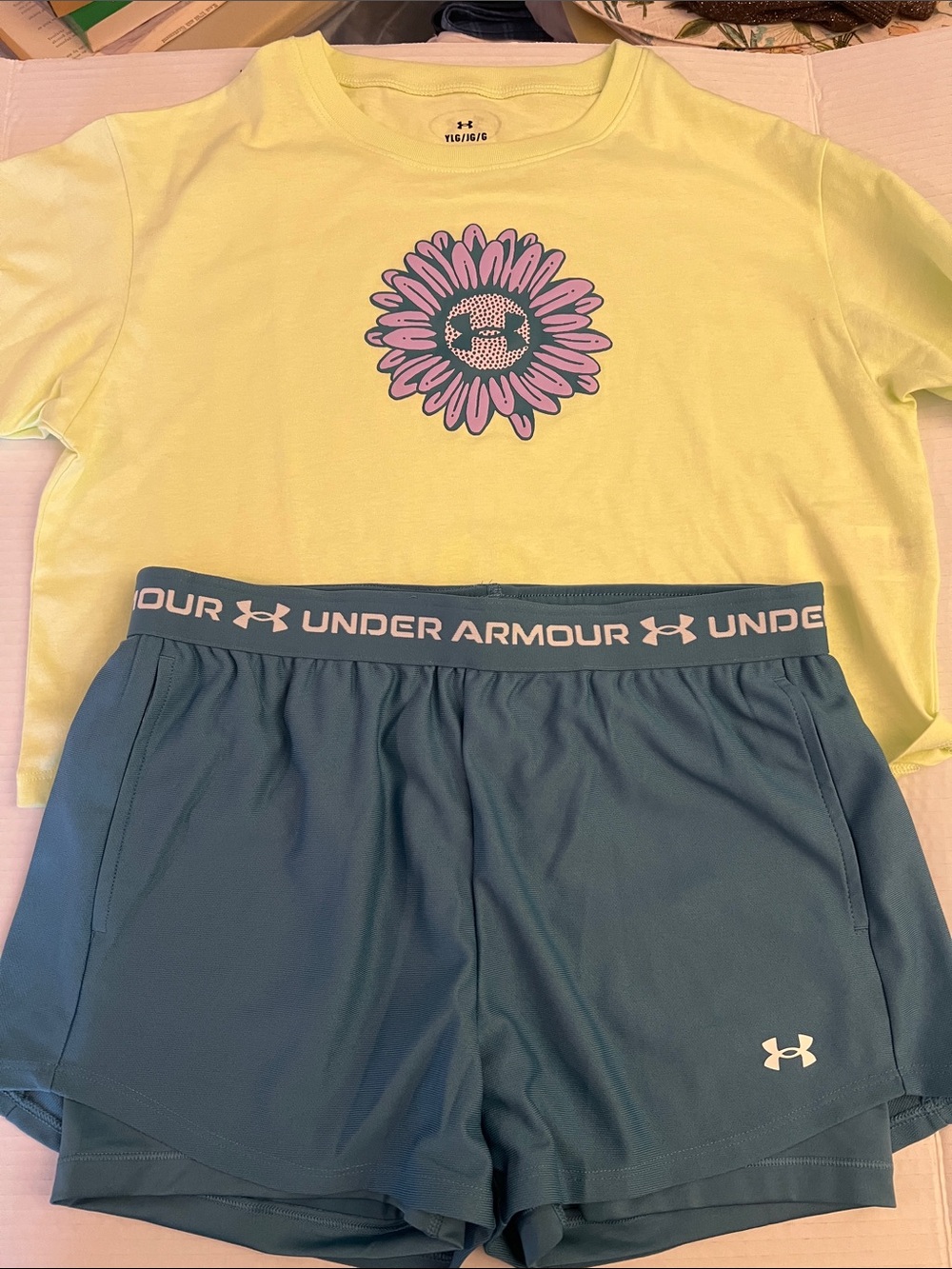 Under Armour Girls' Teal Athletic Shorts with Branded Waistband & T-shirt NWOT